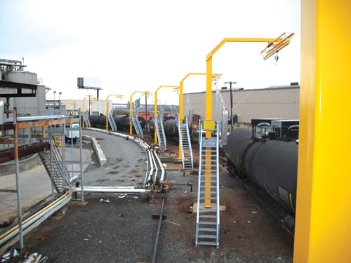 Loading platforms, stairs, and gangways with overhead fall protection