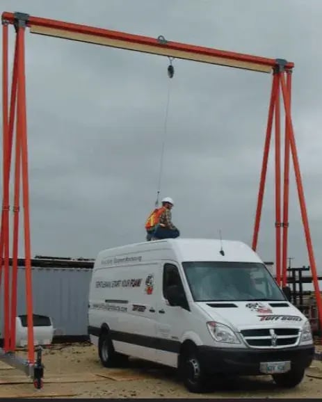 portable a-frame fall arrest system in use